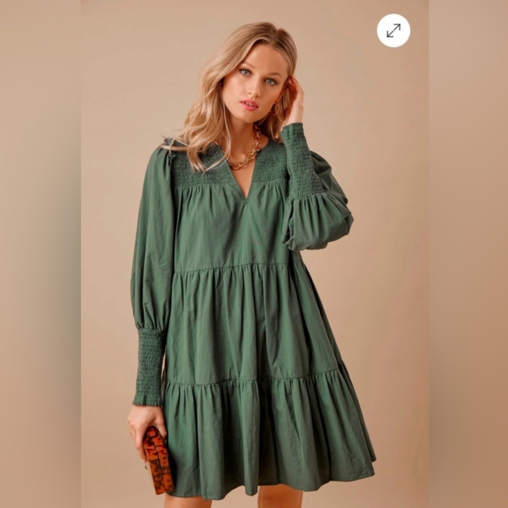 Tuckernuck Pomander Place Dark Green Long Sleeve Babydoll Dress Size L